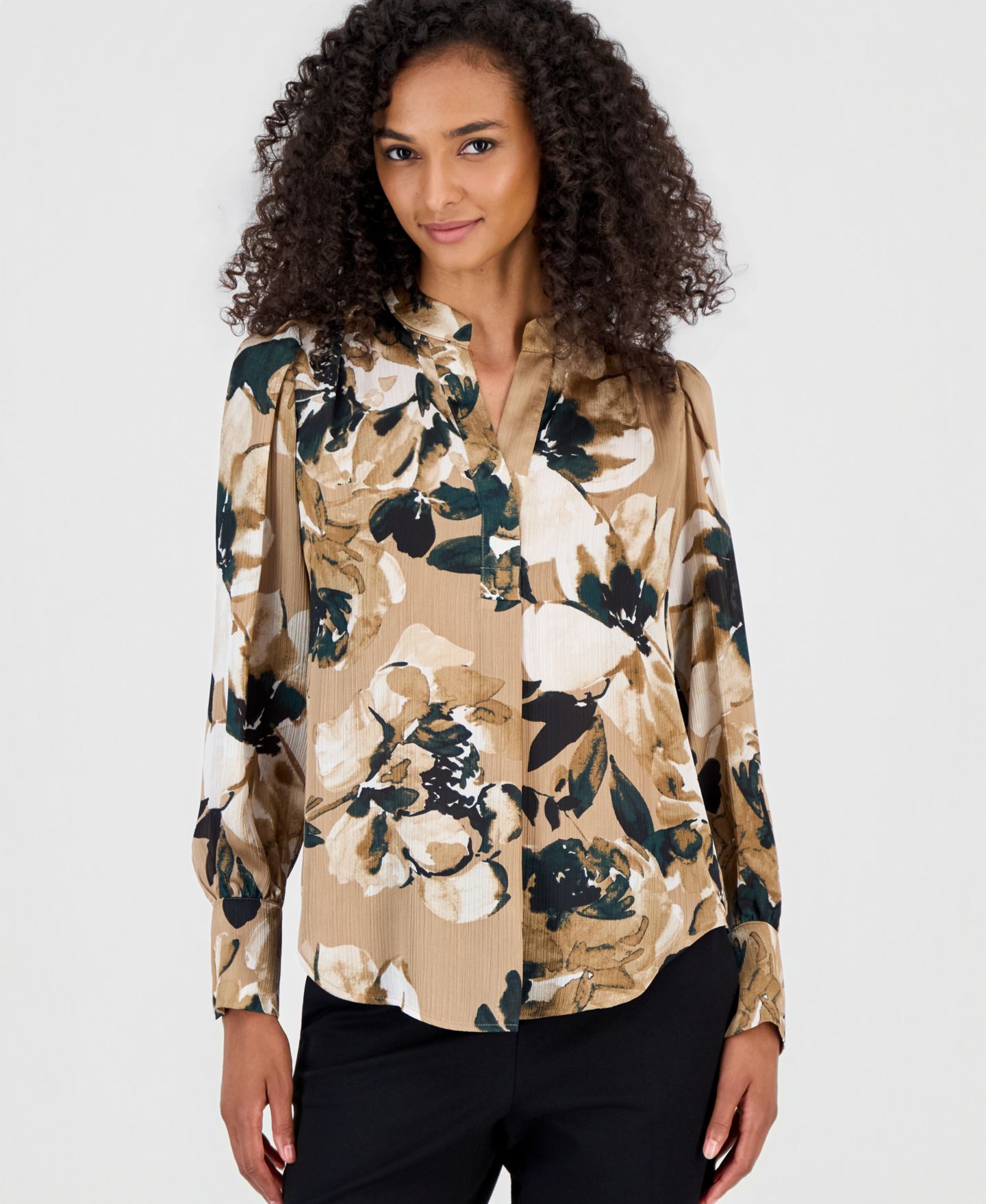 Женская блузка Anne Klein Floral-Print Satin Pleat-Front Blouse, цвет: Кофейный разноцветный — фото 1