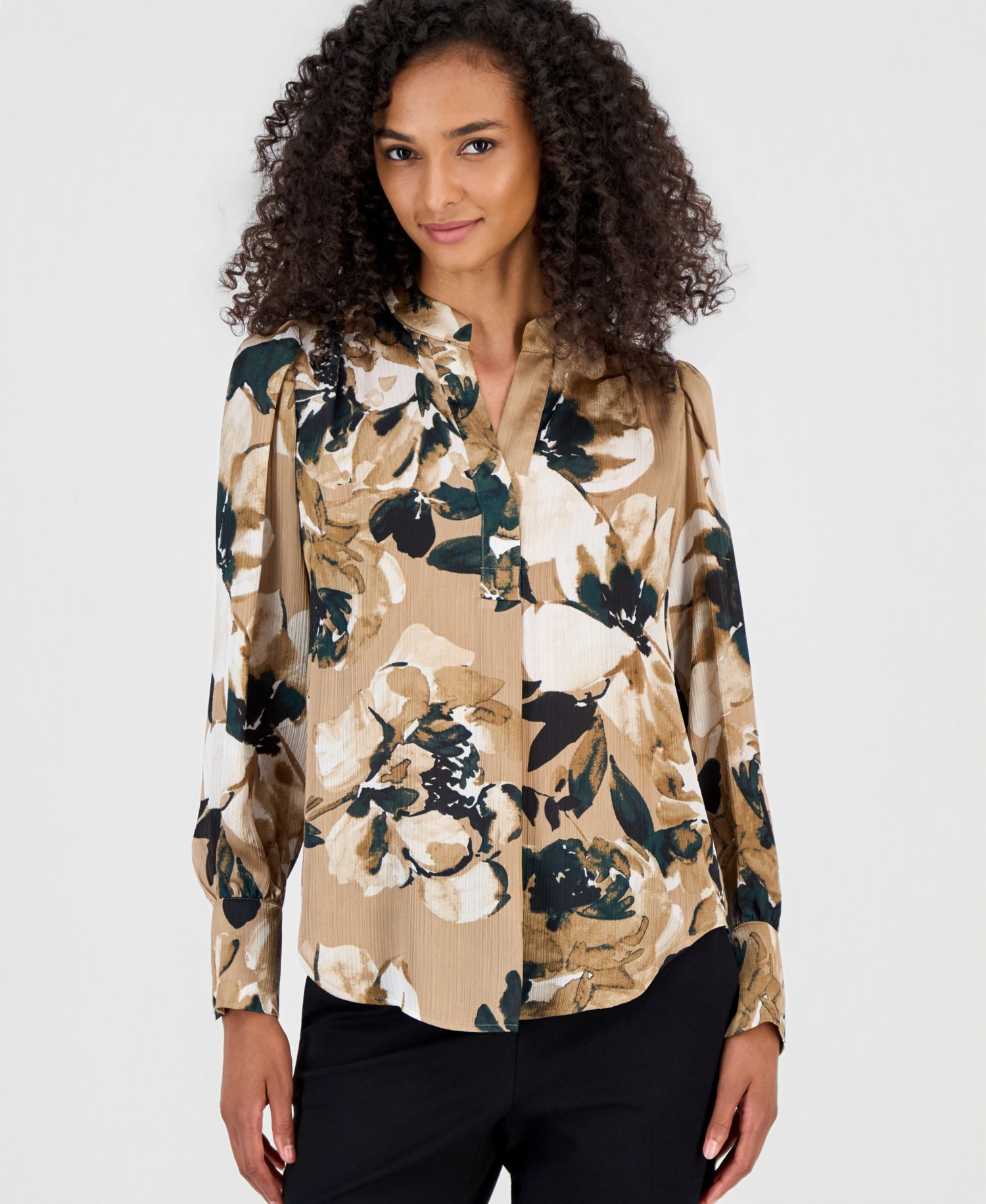 Women's Floral-Print Satin Pleat-Front Blouse