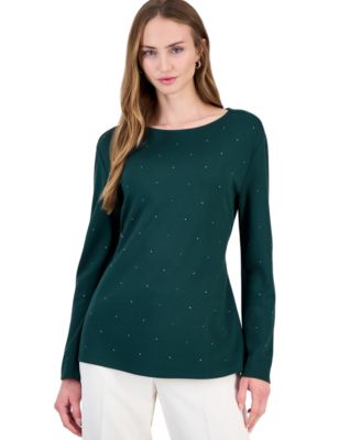 Petite Belted Boat-Neck Long-Sleeve Knit Pullover Top