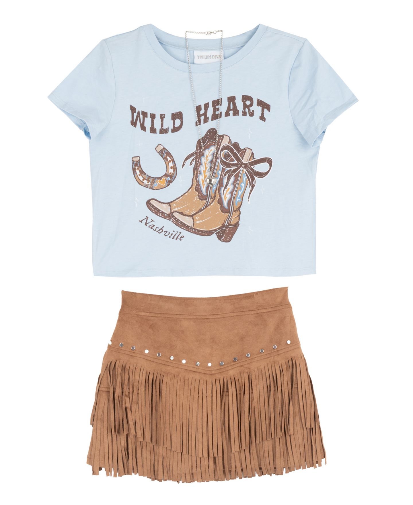 Tween Diva Girls' 7-12 Wild Heart Graphic T-Shirt and Studded Faux Suede Fringe Skort, 2-Piece Set, цвет: Синий — фото 4