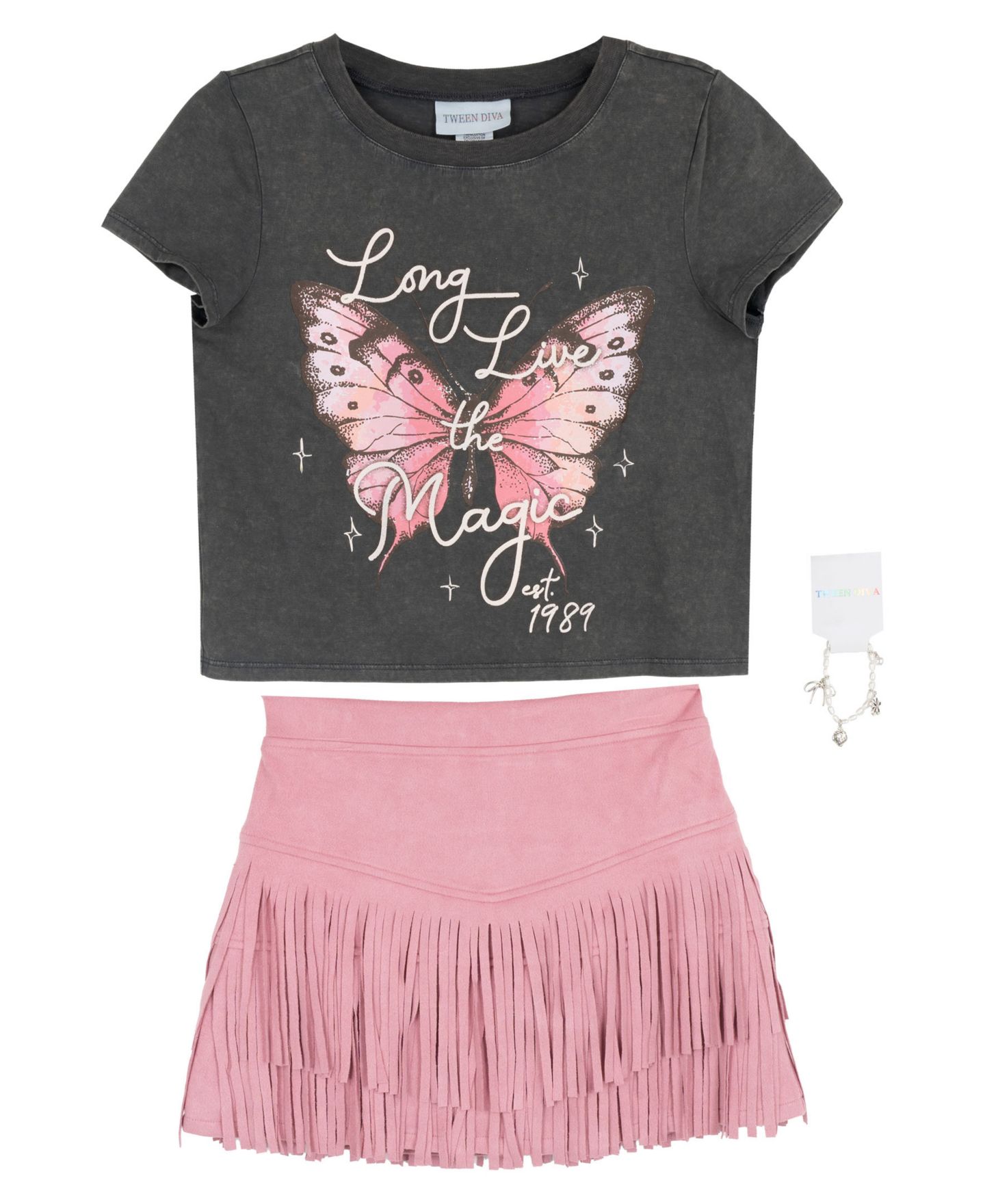 Комплекты Tween Diva Acid Wash Graphic T-Shirt, Faux Suede Fringe Skirt and Bracelet, 3-Piece Set для девочек, цвет: Угольный серый — фото 4