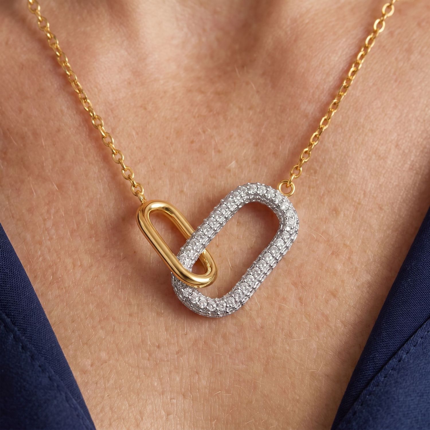 Radiant CZ Two-Tone Texture Interlocking Links Necklace