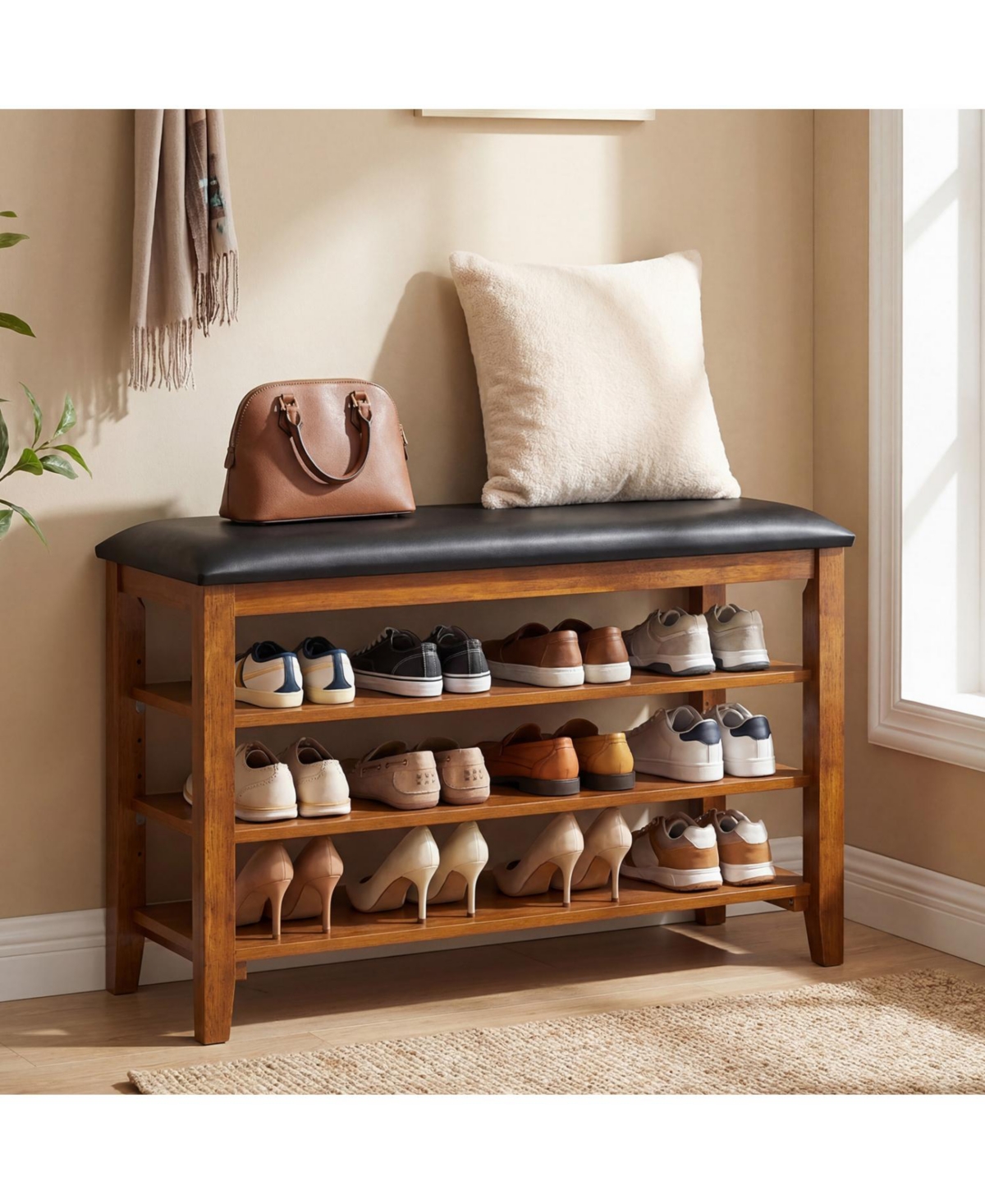 Slickblue Entryway Shoe Bench 3-Tier with Soft Cushion and Storage