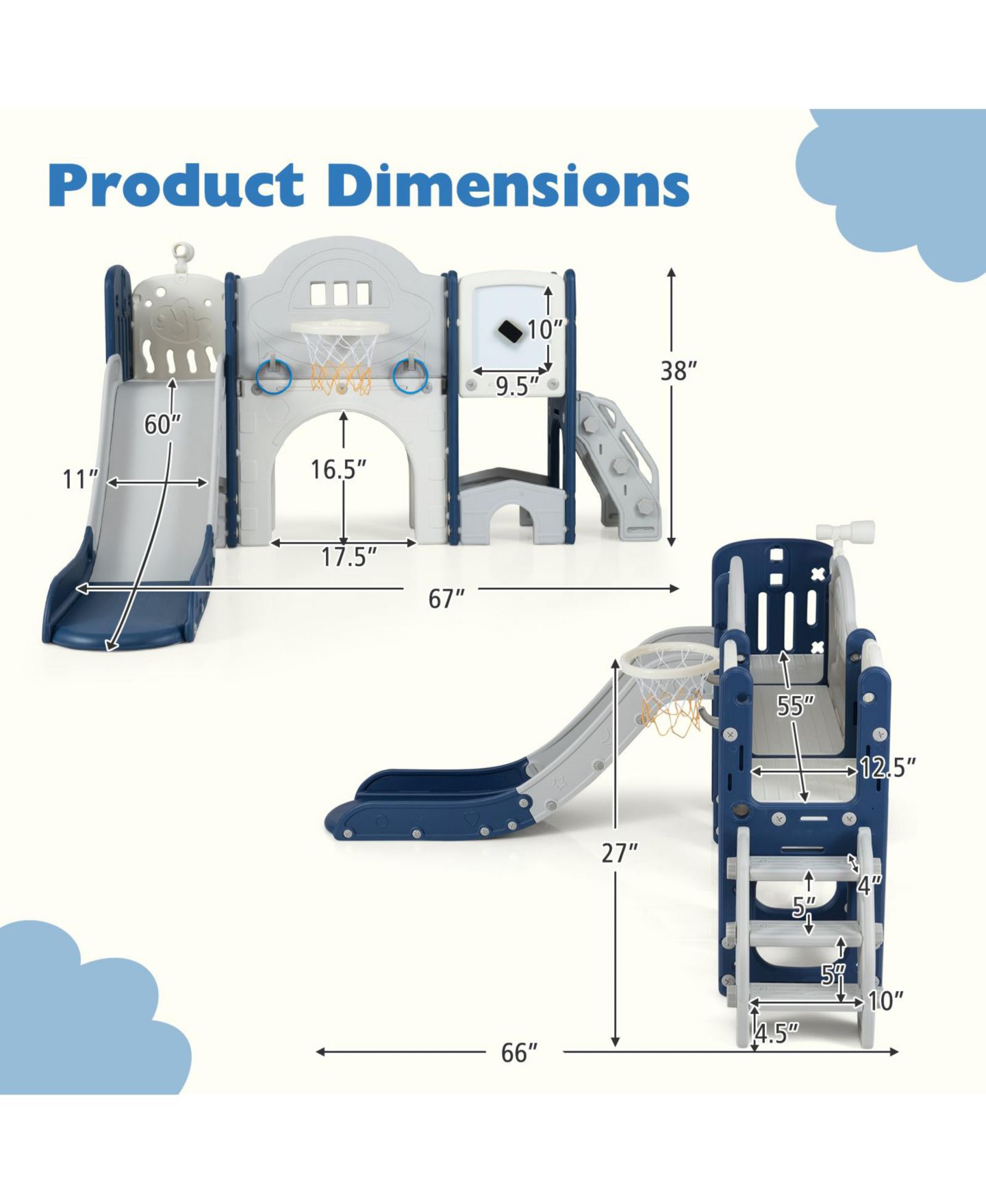 Детский игровой набор Slickblue 10-in-1 Kids Slide Playset with Climber Indoor Outdoor Fun Center, цвет: Синий — фото 3