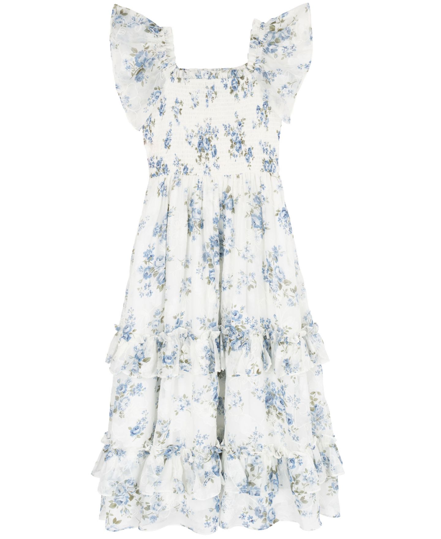 Платье Rare Editions Floral Print Chiffon Smocked Flutter Sleeve Midi Dress для девочек, цвет: Белый — фото 5