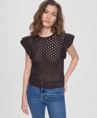 Women's Baby Chenille Pointelle Rib Flutter-Sleeve Sweater