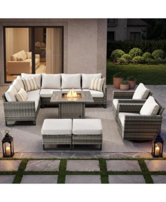 8 Pieces Outdoor Patio Furniture Set with Propane Gas Fire Pit Table, Outdoor Sectional Sofa PE Rattan Wicker Patio Conversation Sets