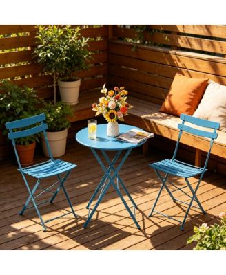 Space Saving 3 Piece Folding Bistro Set, Blue Steel Patio Table and Chairs for Balcony or Garden