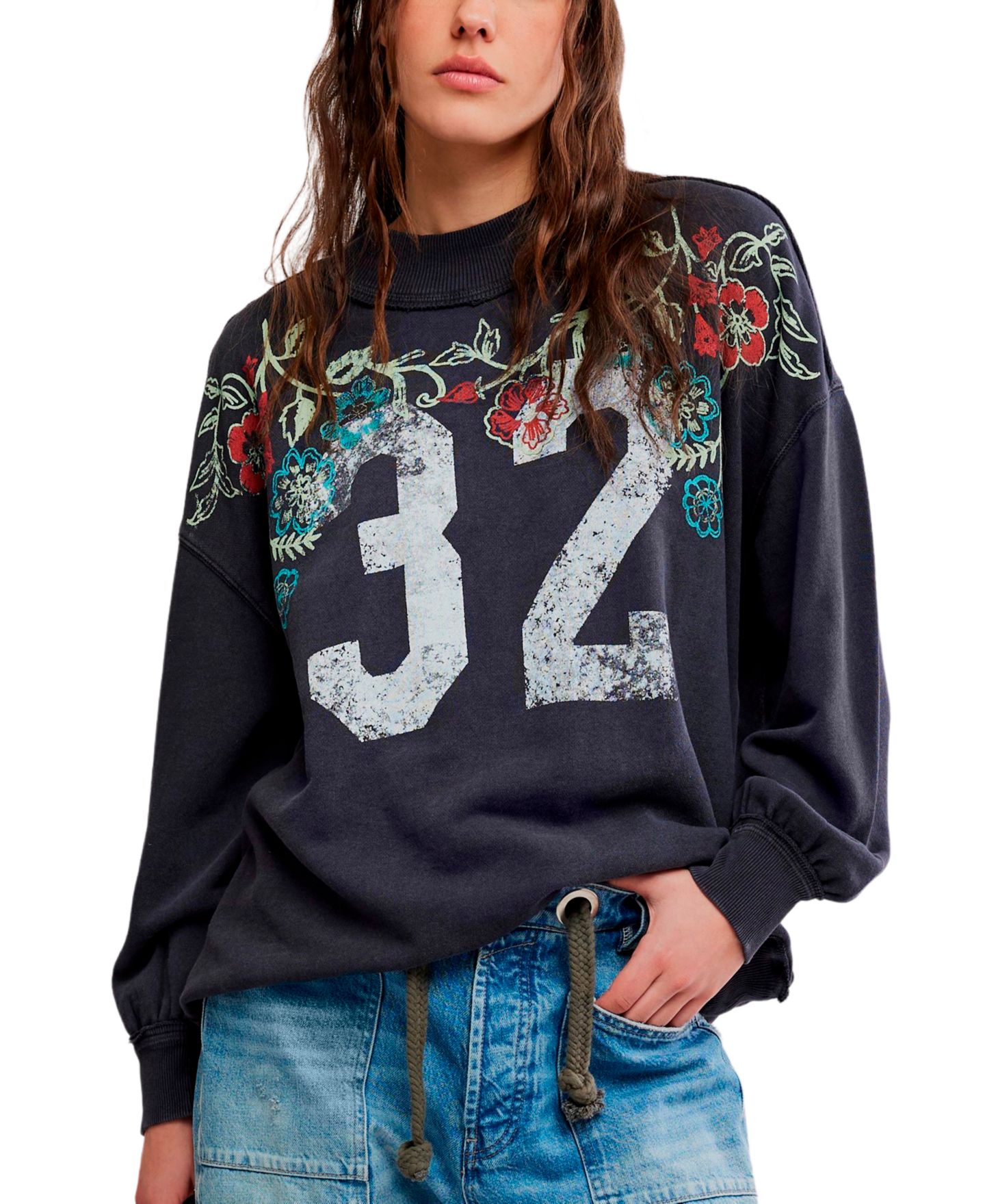 Женская толстовка Free People Cotton Slouchy Mock-Neck, цвет: Потёртый чёрный комбинированный — фото 1