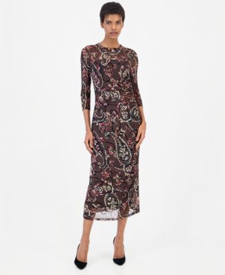 Women's Paisley-Print Side-Ruched Midi Dress