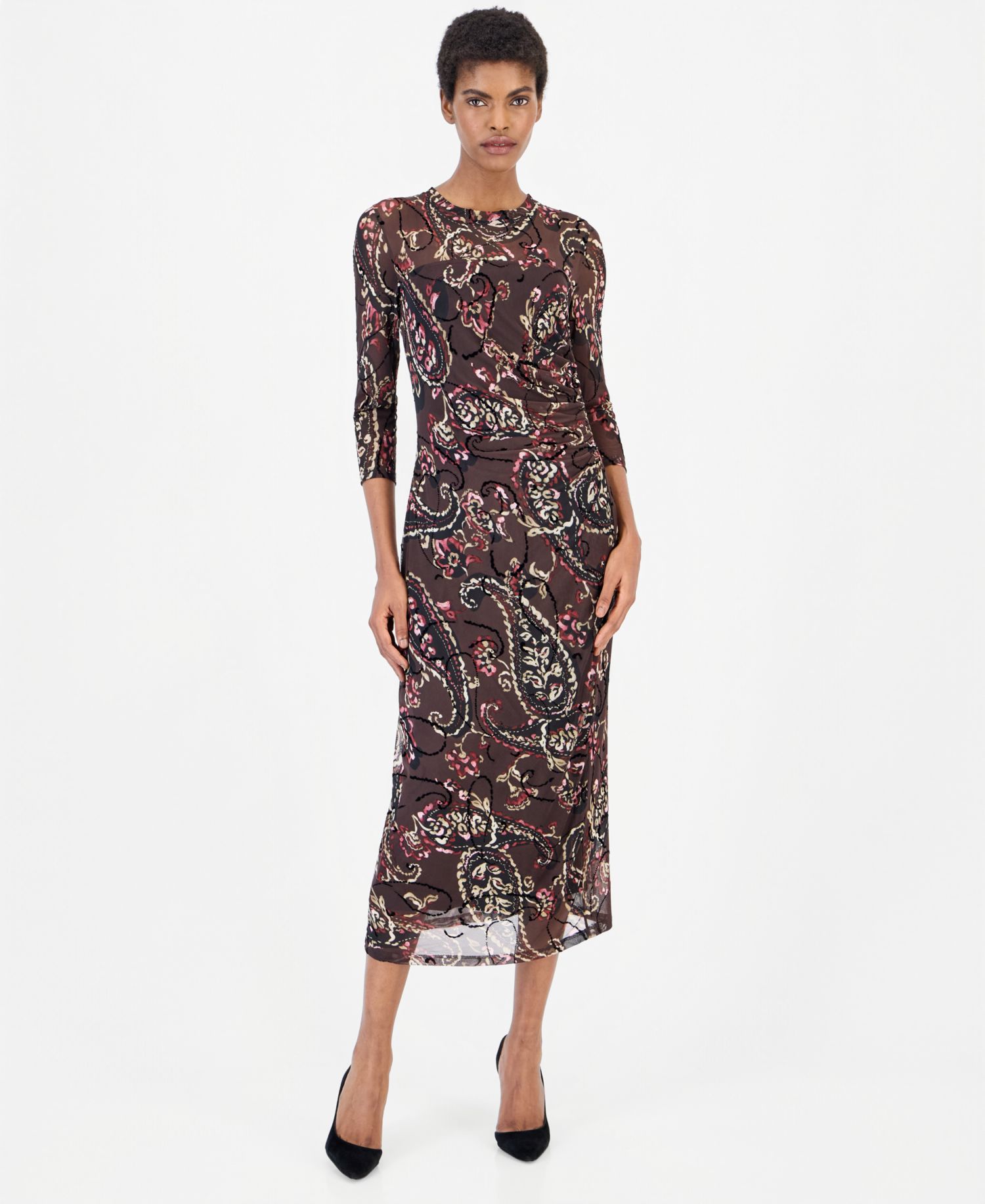 Women's Paisley-Print Side-Ruched Midi Dress