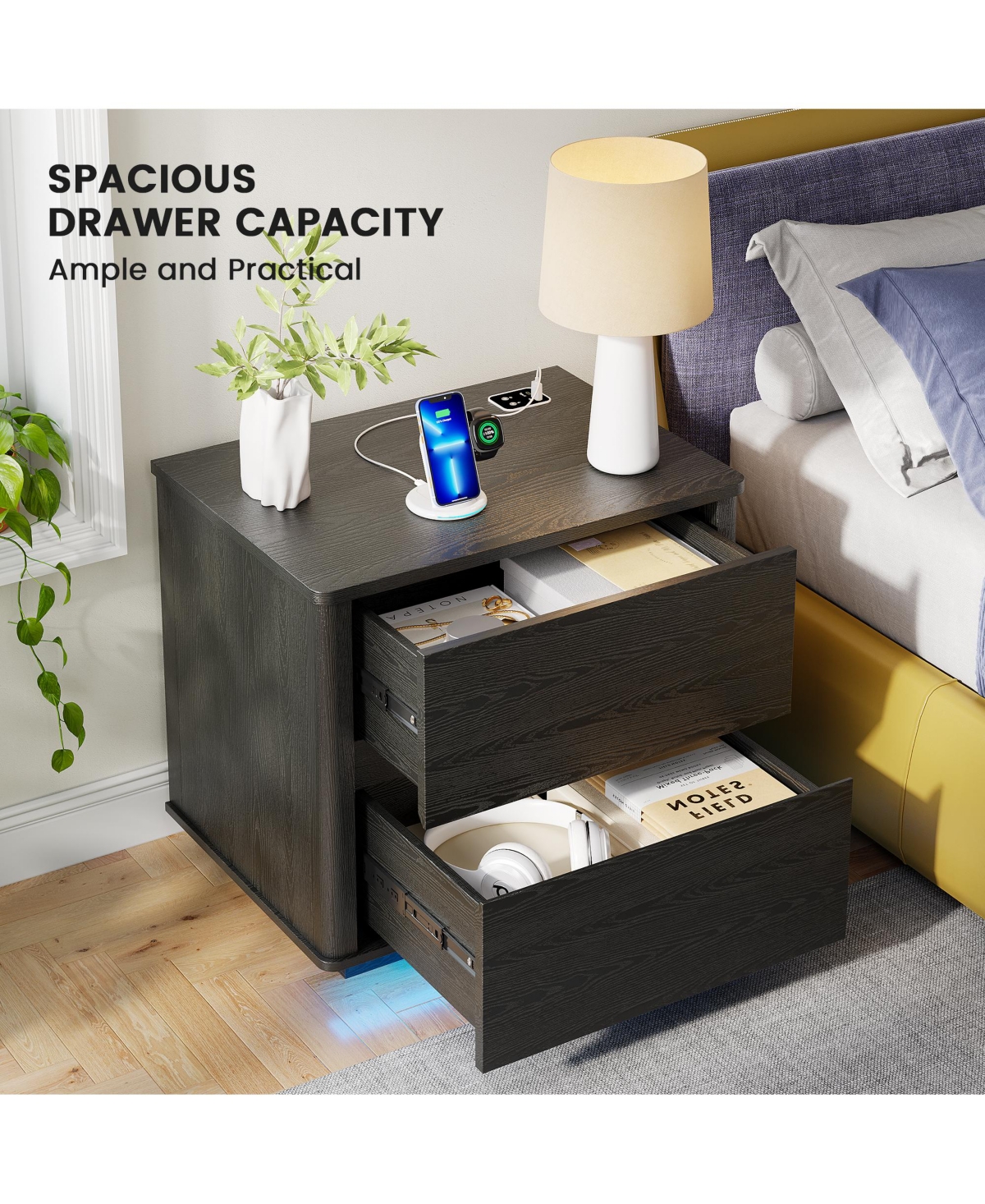 Vlsrka Modern Wooden Nightstand with Motion Sensor Light and 2 Drawers