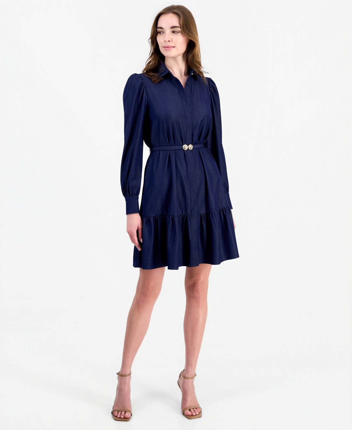 Anne Klein Women's Long-Sleeve Tiered Denim Shirt Dress