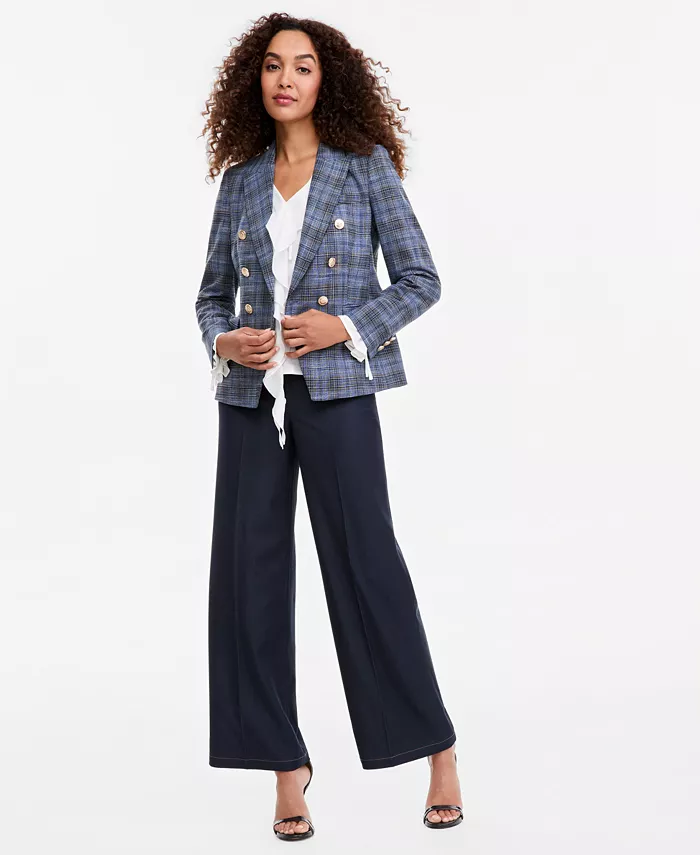 Women's Plaid Double Breasted Blazer, V-Neck Ruffle-Front Long-Sleeve Blouse & Wide-Leg Mid-Rise Denim Pants