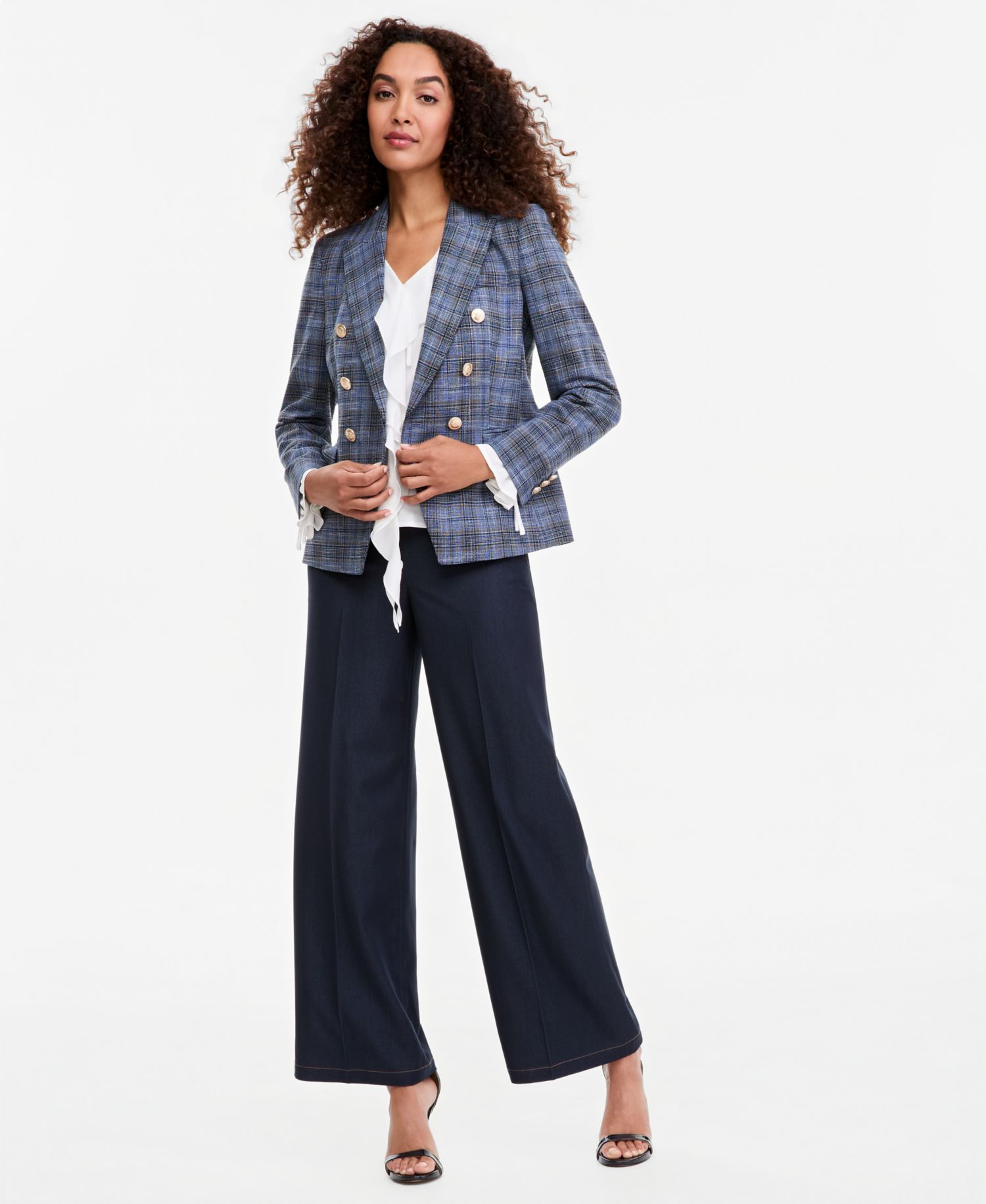 Women's Plaid Double Breasted Blazer, V-Neck Ruffle-Front Long-Sleeve Blouse & Wide-Leg Mid-Rise Denim Pants