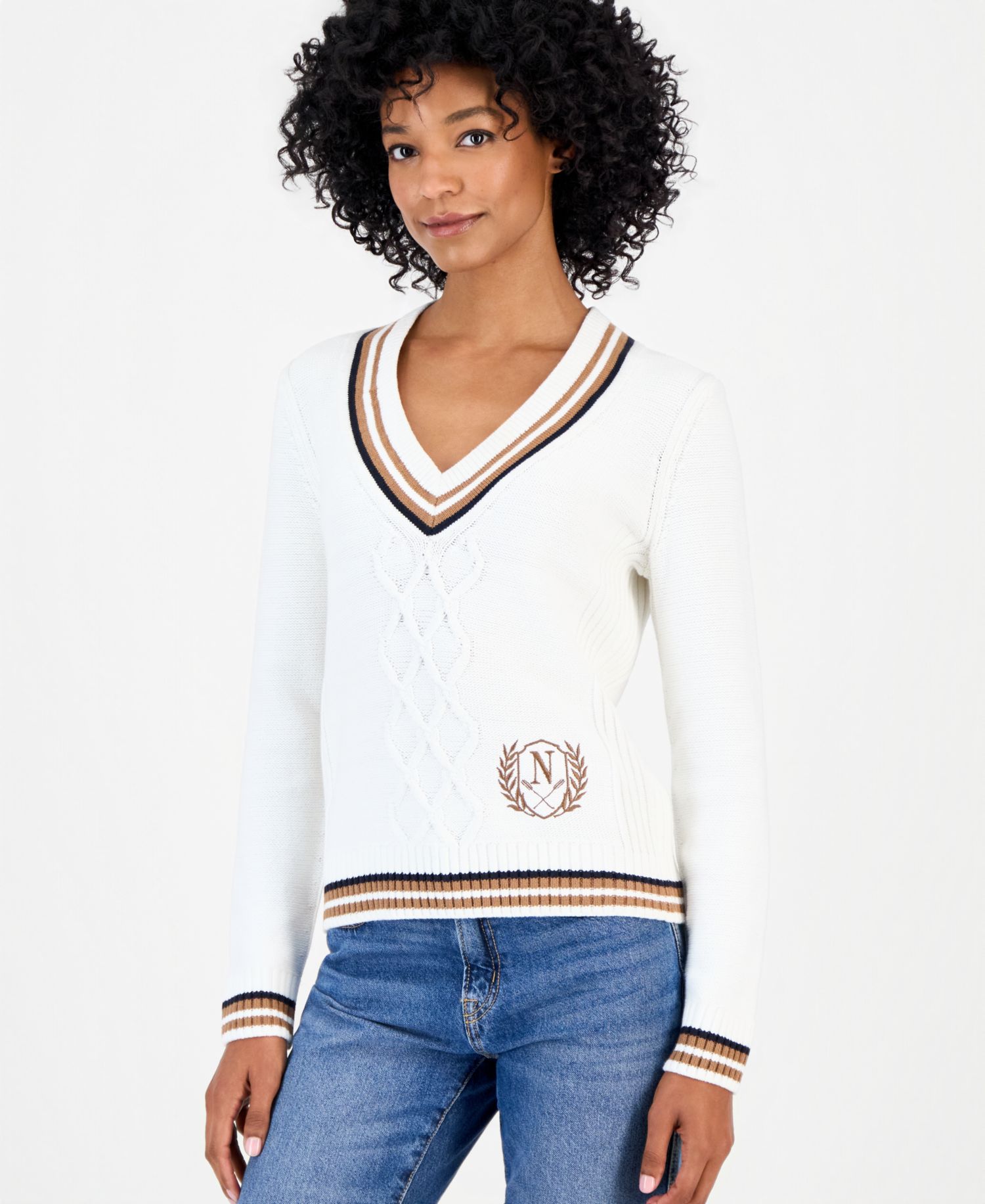 Women's V-Neck Varsity Tipped Sweater