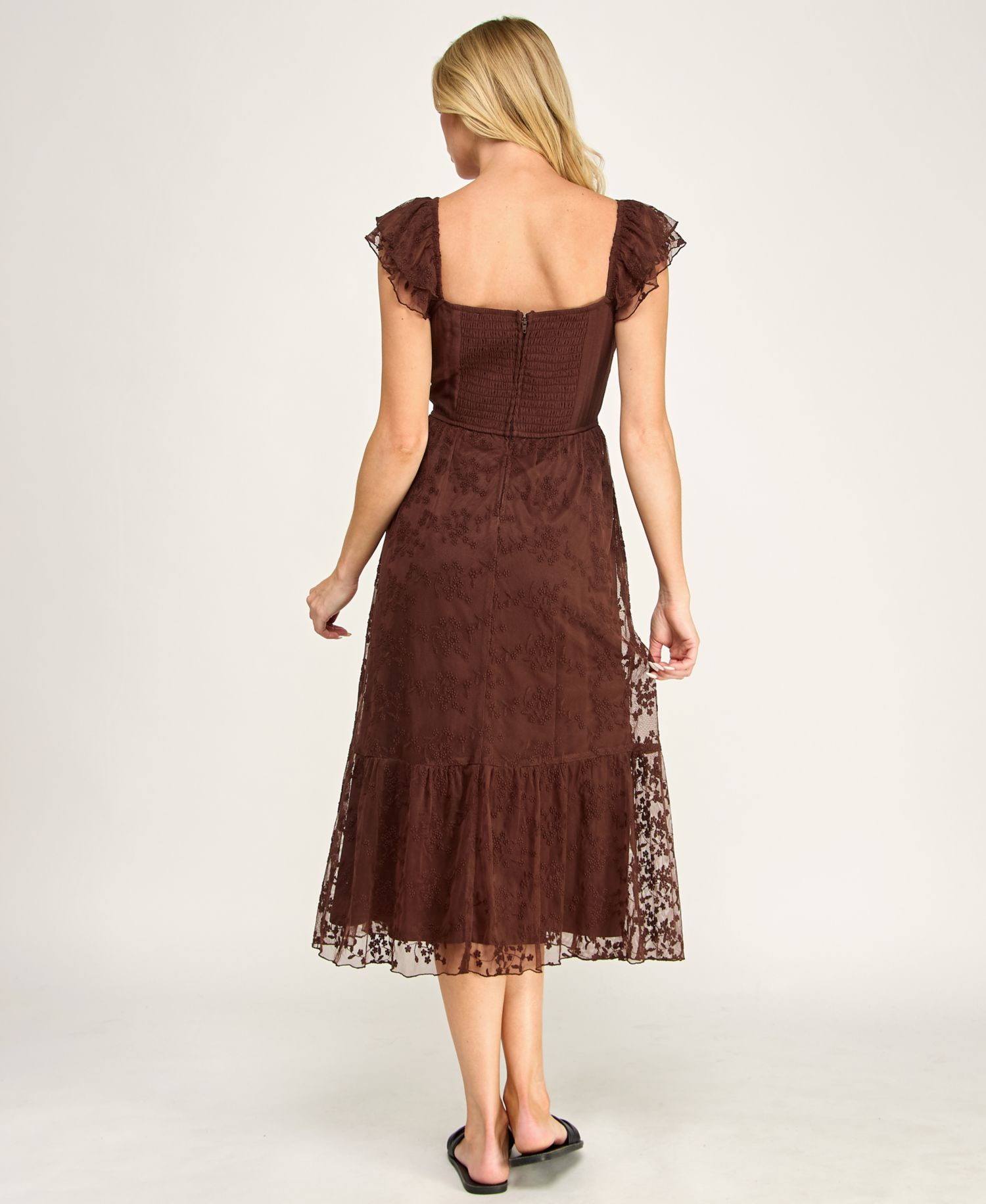 Juniors' Sweetheart-Neck Flutter-Sleeve Lace Midi Dress