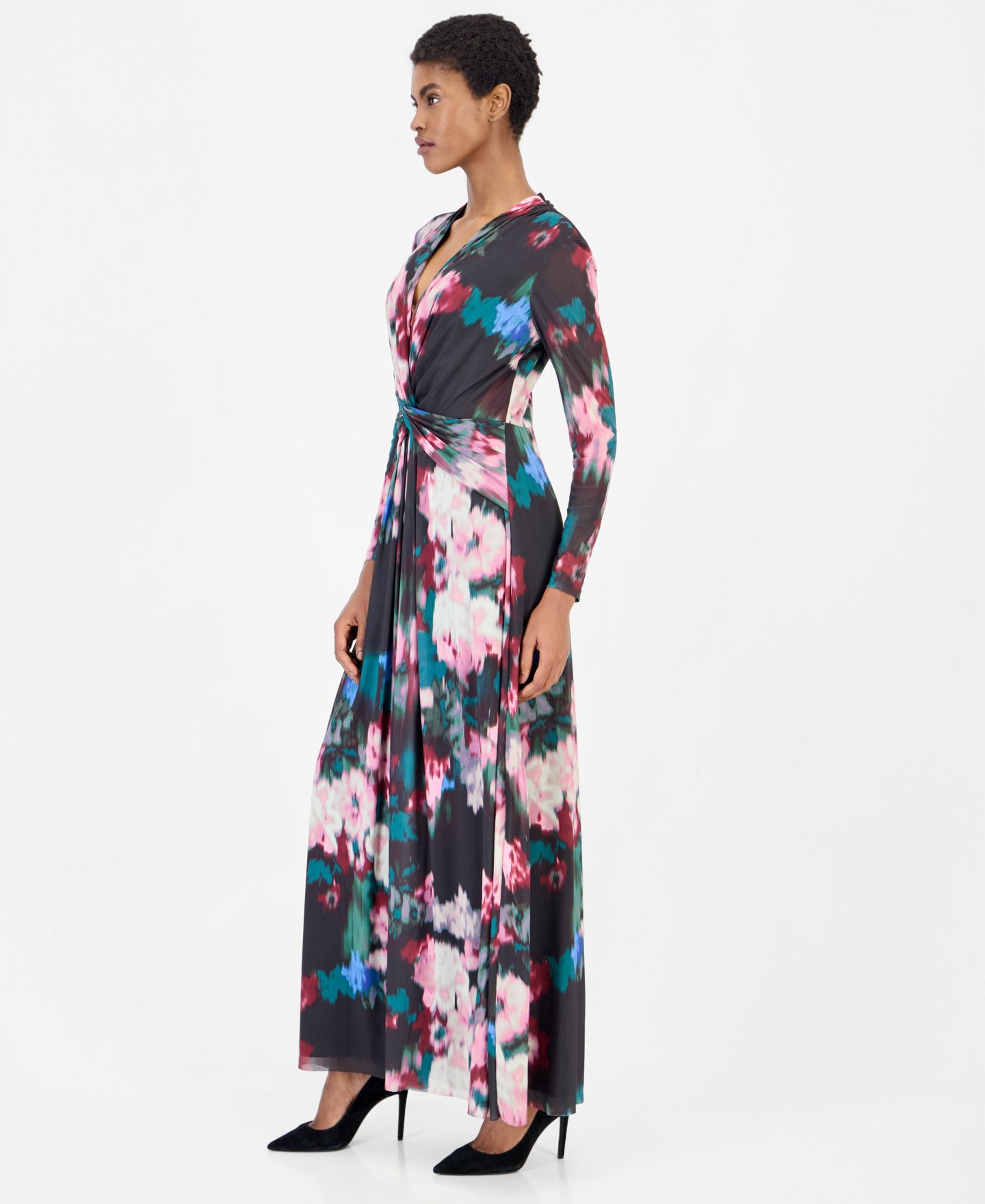 Женское платье Anne Klein Petite Twist Front Maxi Floral Long-Sleeve A-Line, цвет: Глубокий нефритовый — фото 3