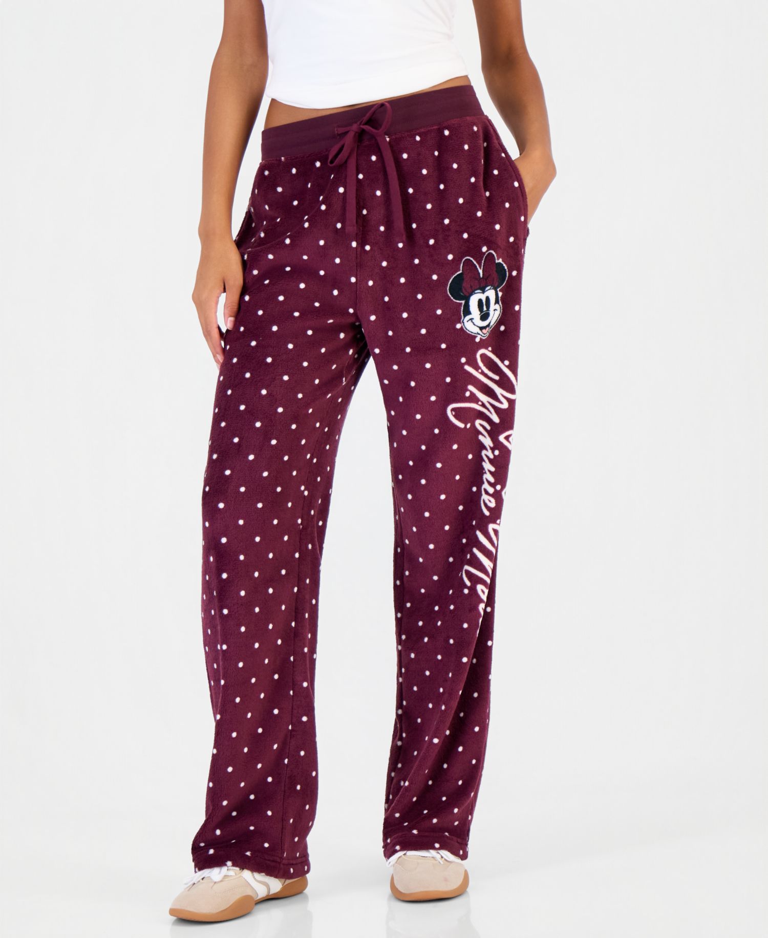 Juniors' Minnie Woobie Fleece Polka-Dot Drawstring Pants