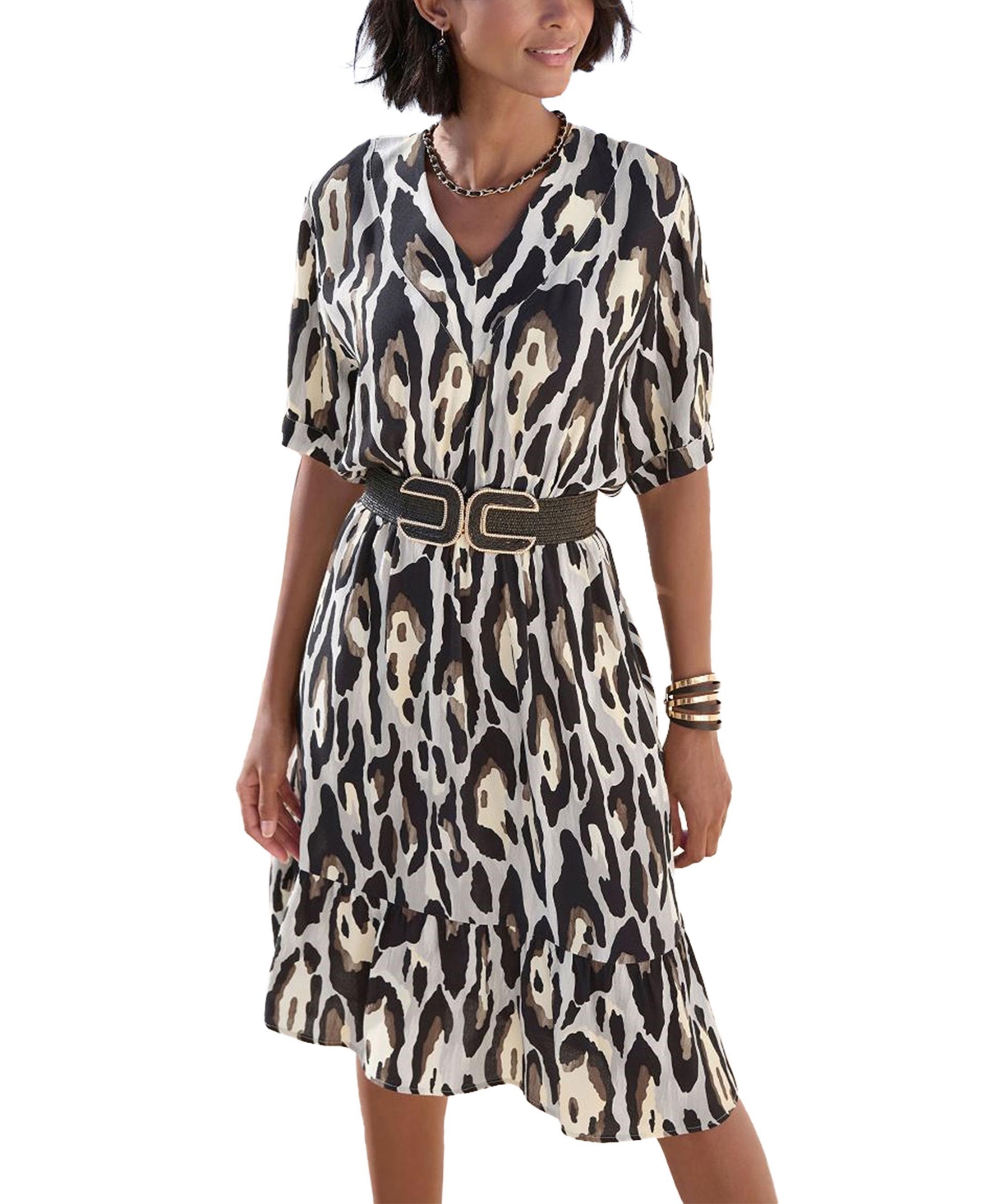 Lascana Women's Animal Print Short Sleeve Dress - Black  grey