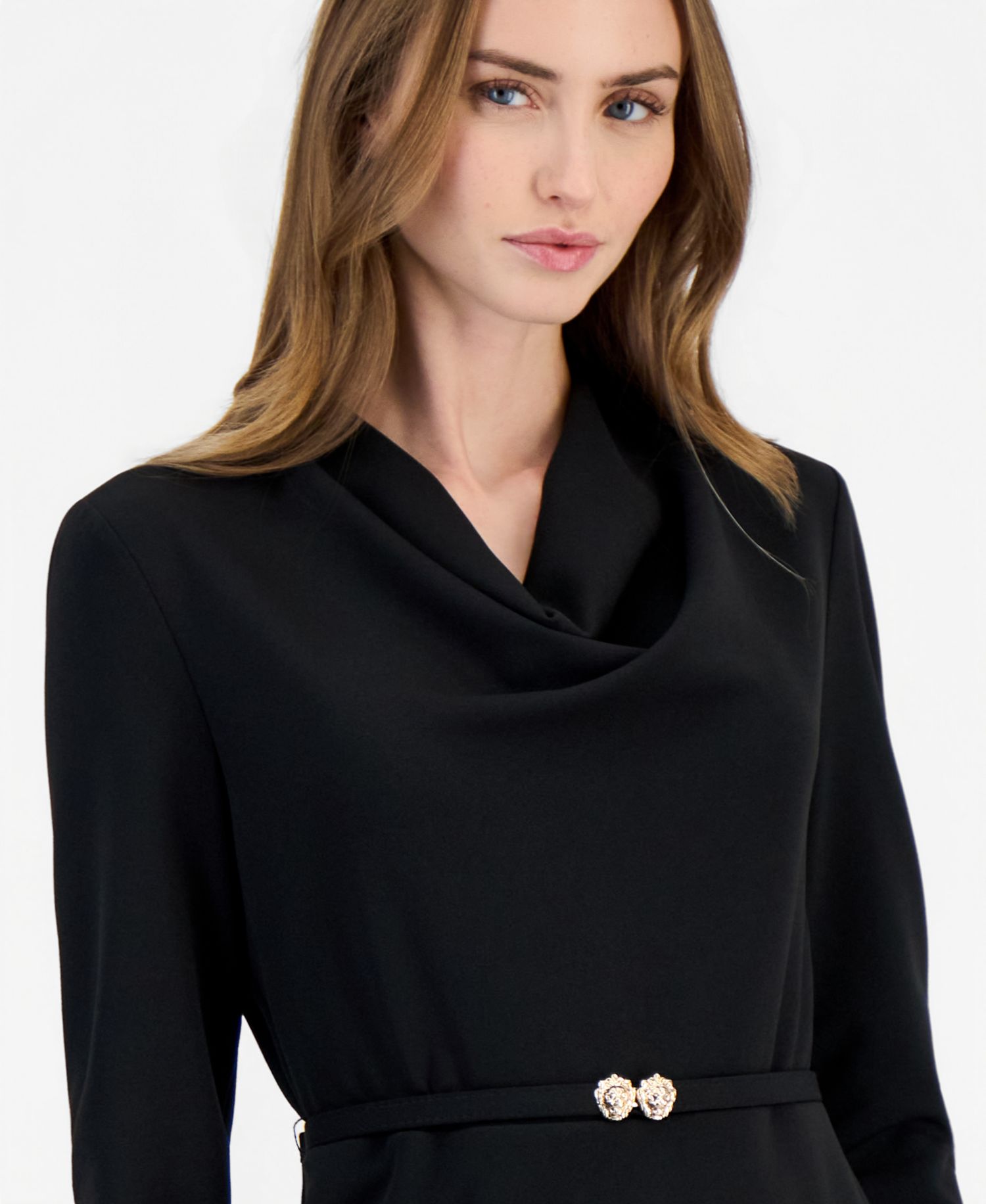 Women's Cowl-Neck Belted Long-Sleeve Dress