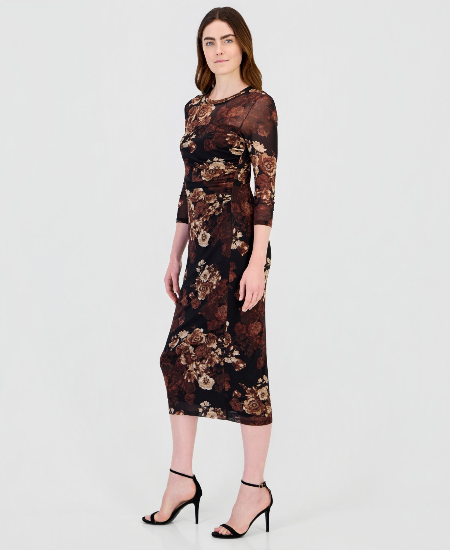 Women's Floral-Print Mesh Side-Ruched Midi Dress