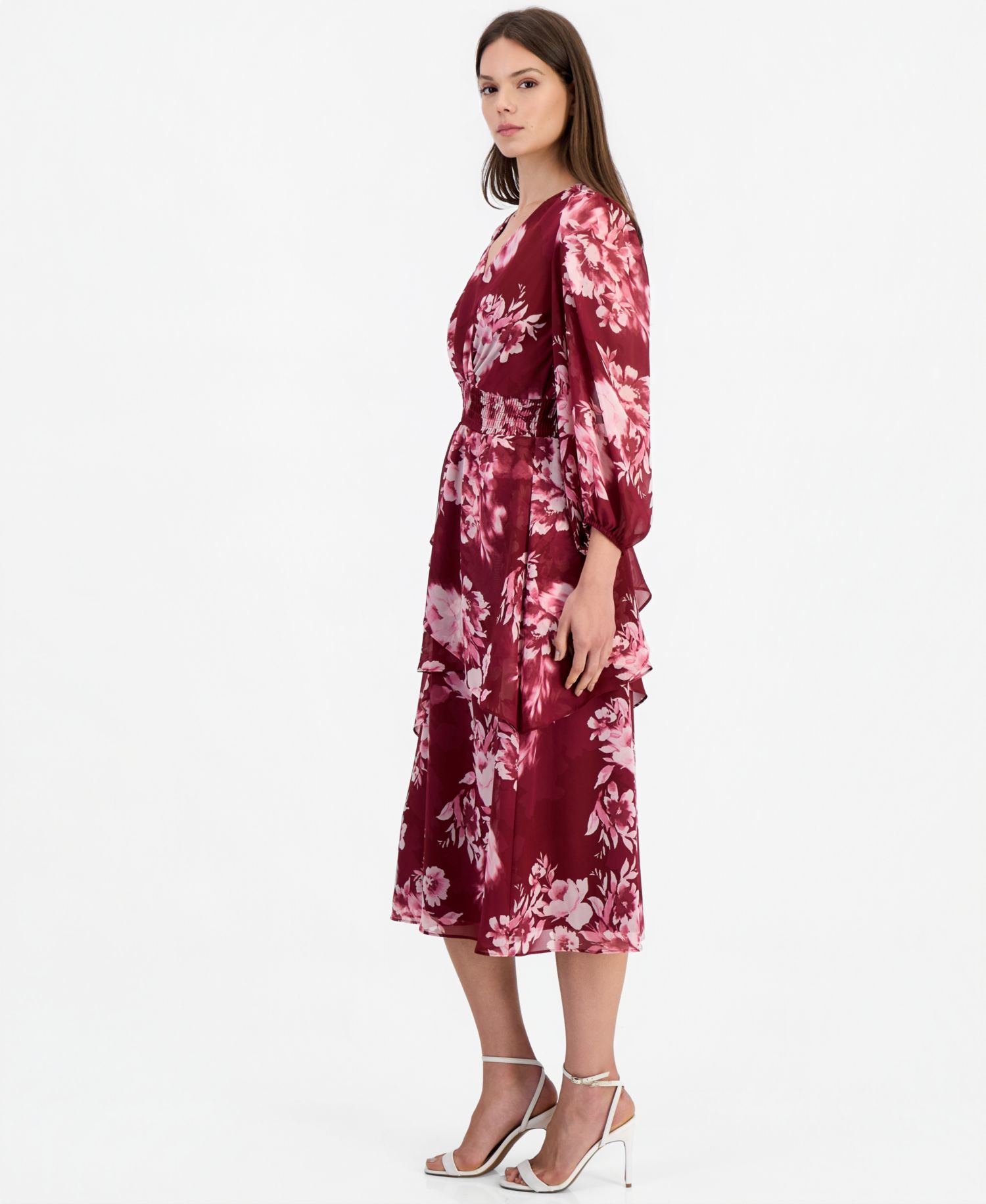 Women's Floral-Print Tiered Long-Sleeve Midi Dress
