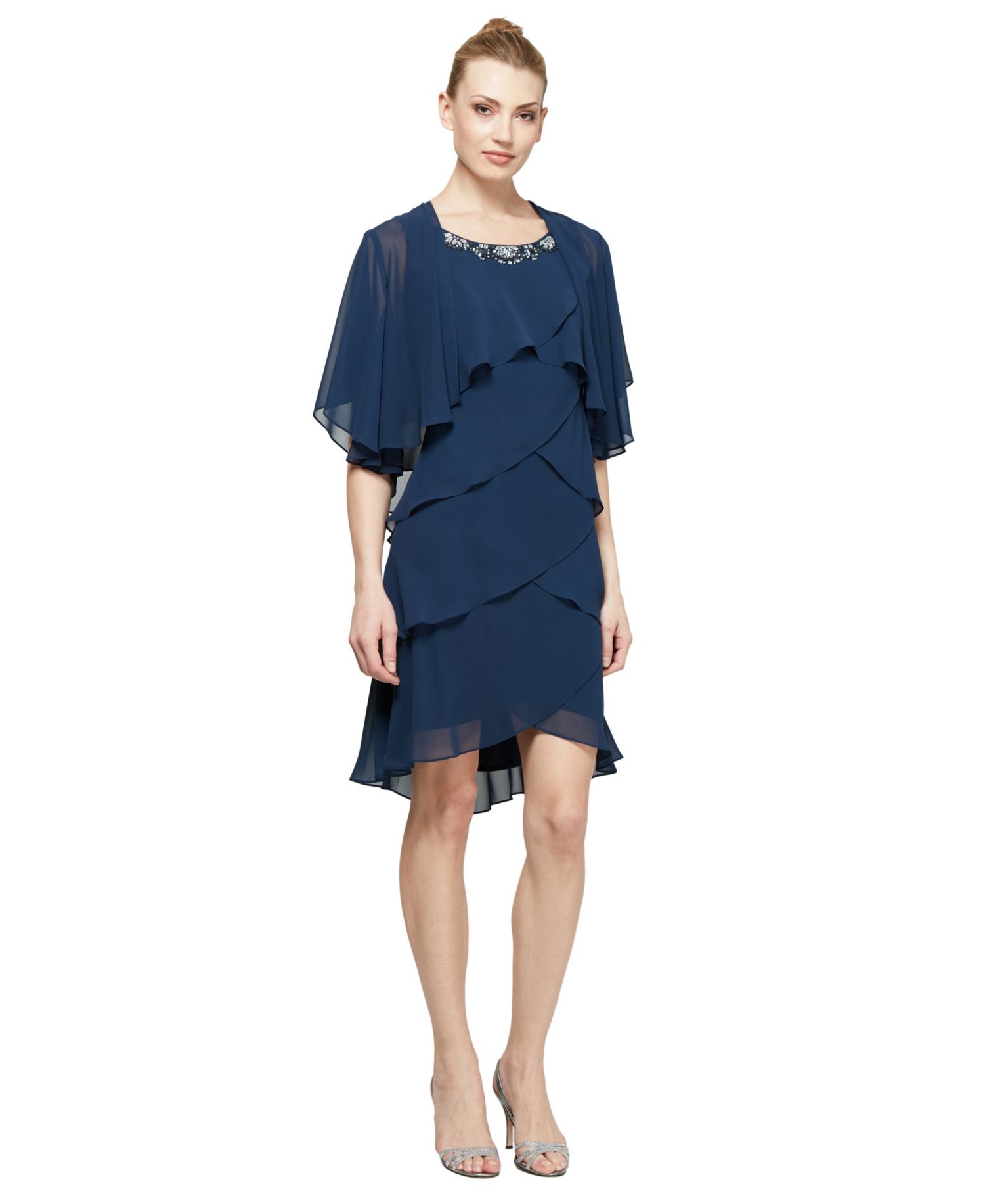 Embellished Tiered Chiffon Dress & Capelet