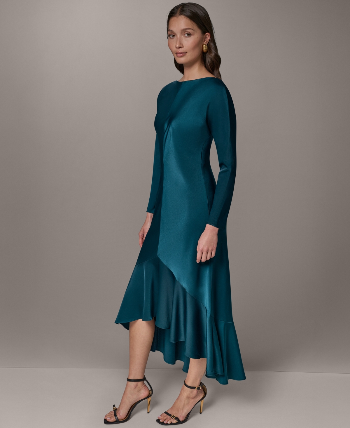 Donna Karan New York Women's Long-Sleeve Satin High-Low Flounce Hem Dress