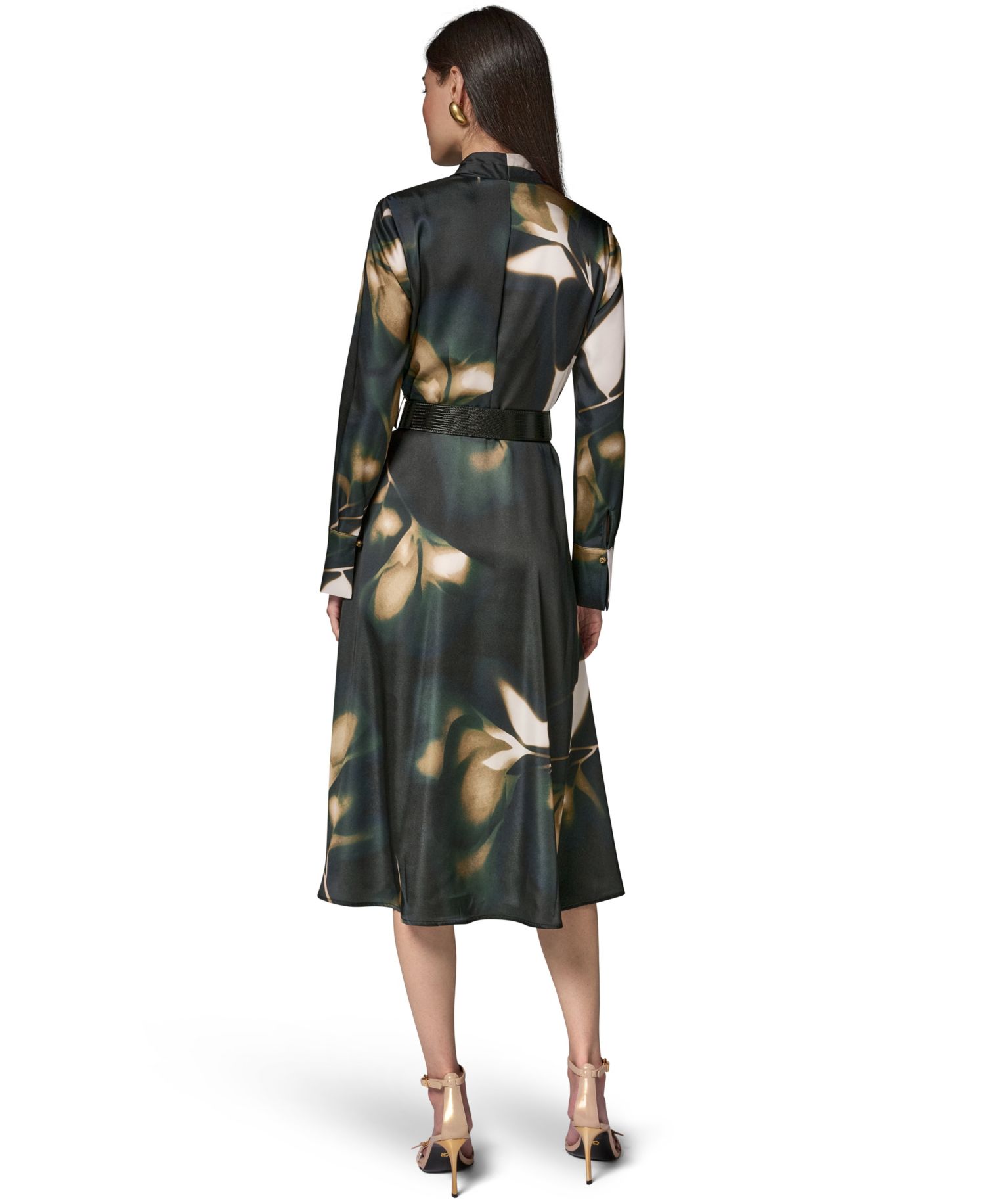 Women's Long-Sleeve Printed Charmeuse A-Line Dress With Belt
