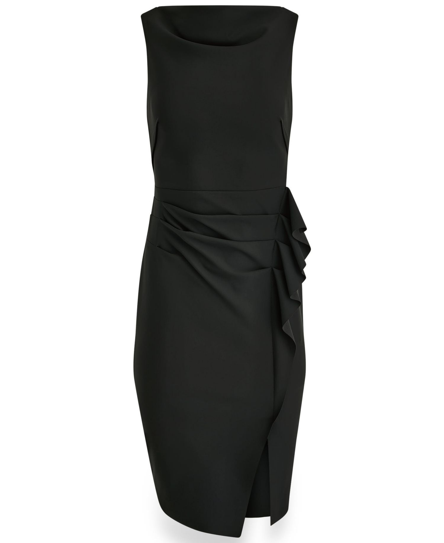 Women's Sleeveless Draped Sheath Dress with Side Ruffle
