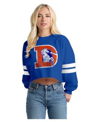 Women's Navy Denver Broncos Oversized Cropped Stripe Long Sleeve T-Shirt