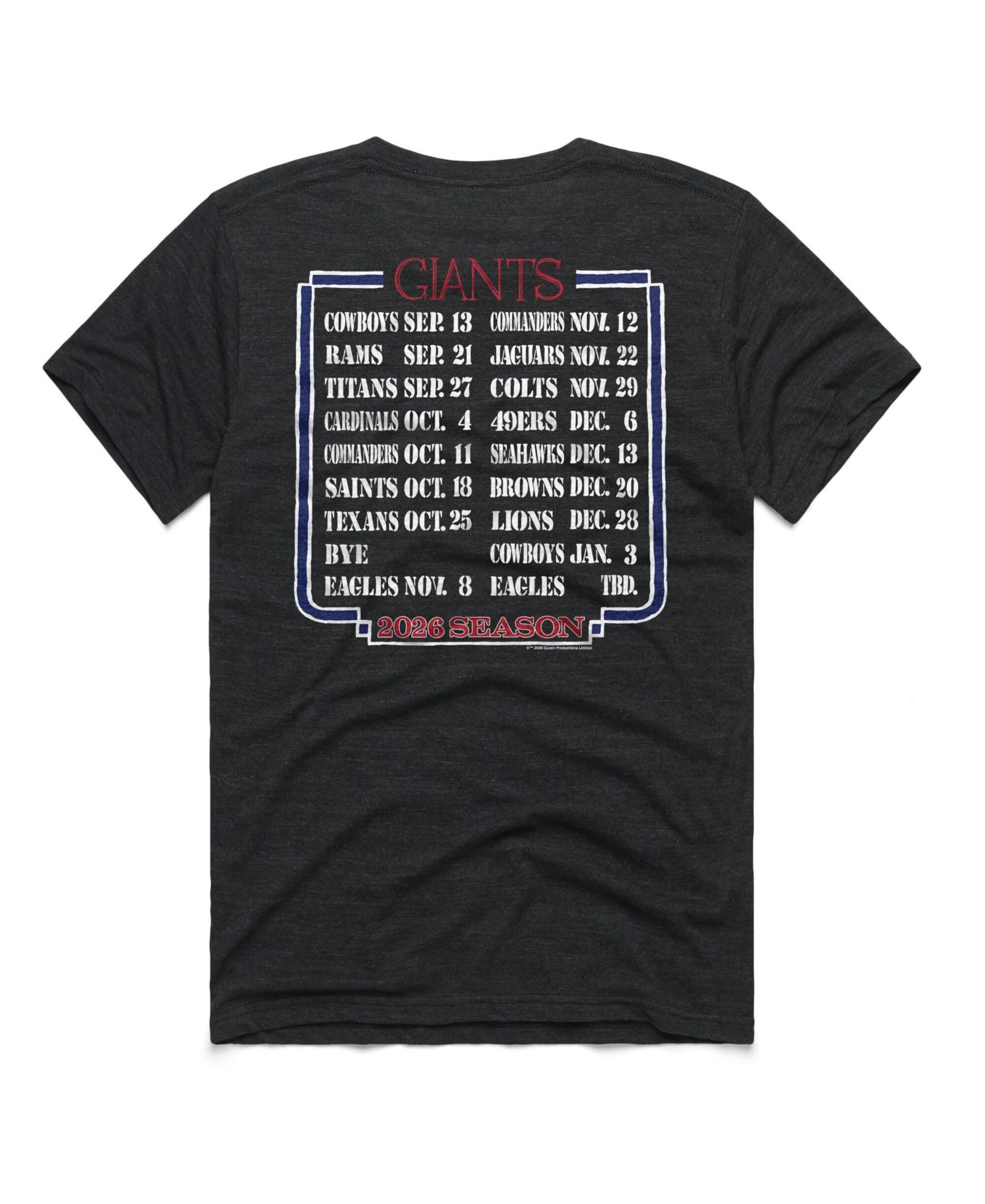 Men's and Women's Charcoal New York Giants 2026 NFL Schedule Queen Tri-Blend T-Shirt