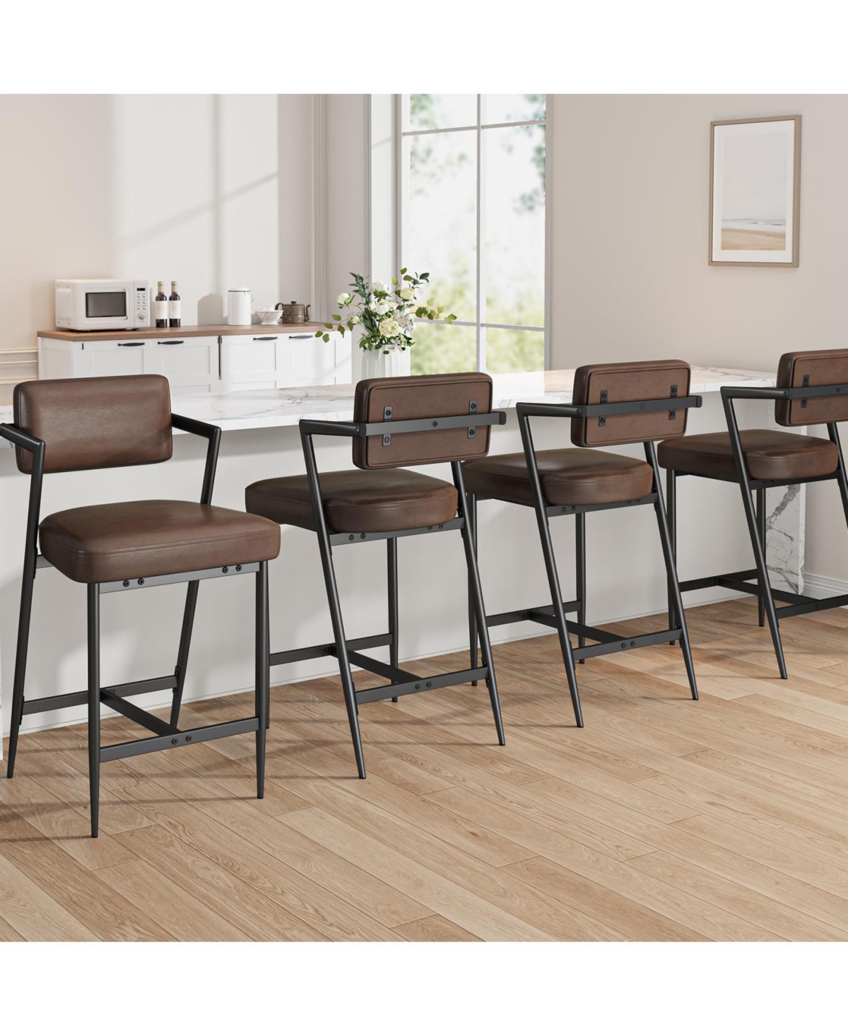 homfan Set of 8 27" Counter Height Bar Stools with Armrests, Faux Leather Upholstery and Footrest, for Kitchen Island