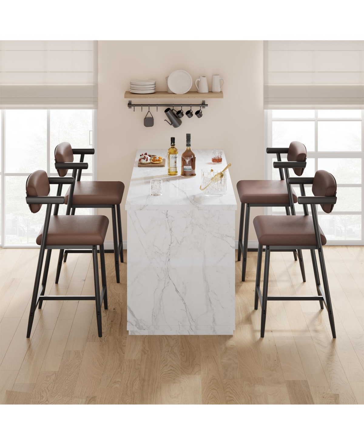 homfan Set of 2 Counter Height Bar Stools, Upholstered Pu Leather Chairs with Back and Armrests, Metal Base, Footrest