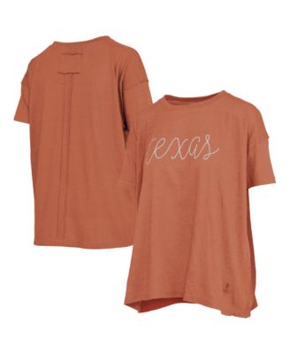 Women's Heather Texas Orange Texas Longhorns Swirl Script Twisted Team Color Stitched Oversized T-Shirt