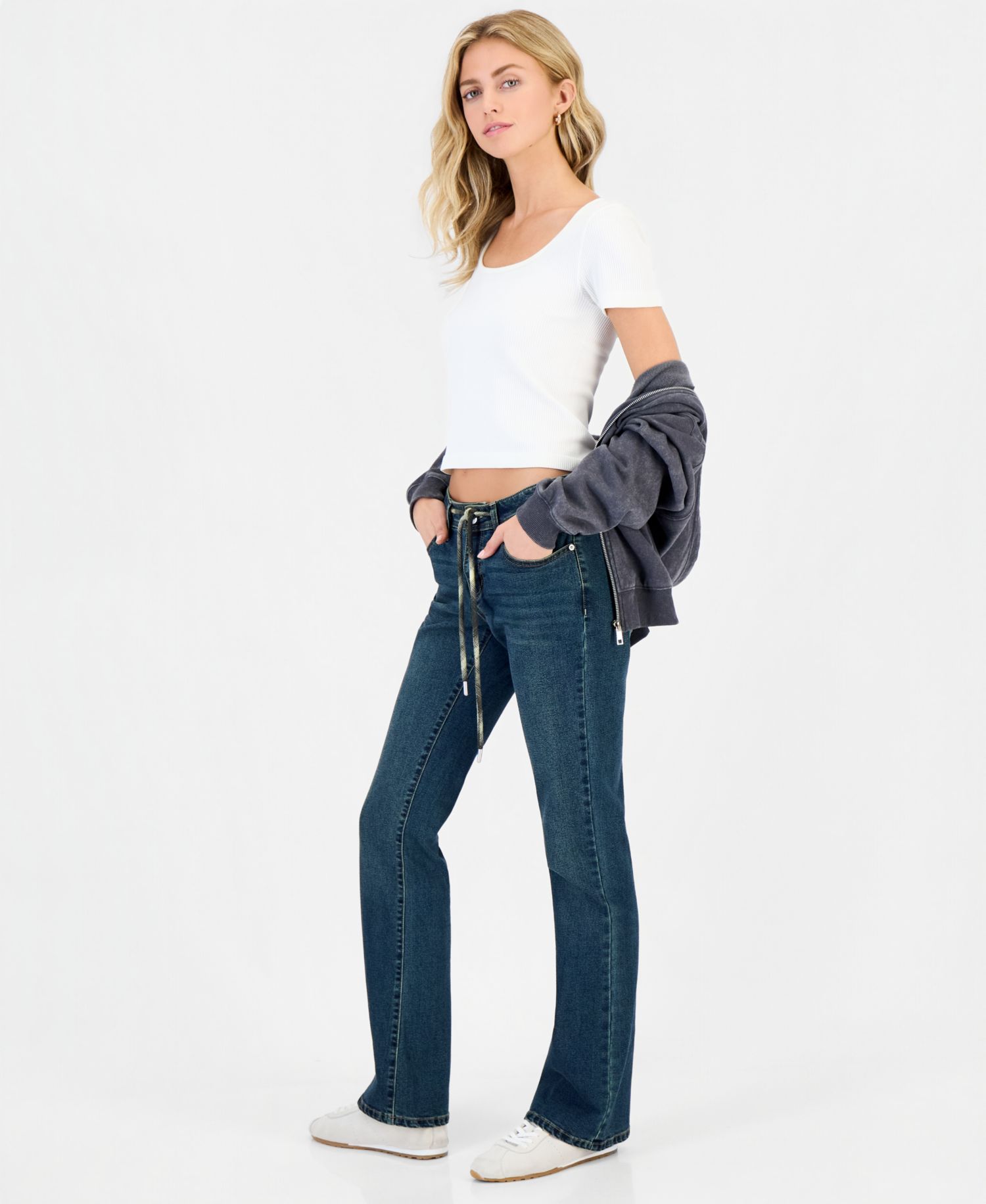 Juniors' Plaid Inner Drawstring Bootcut Jeans