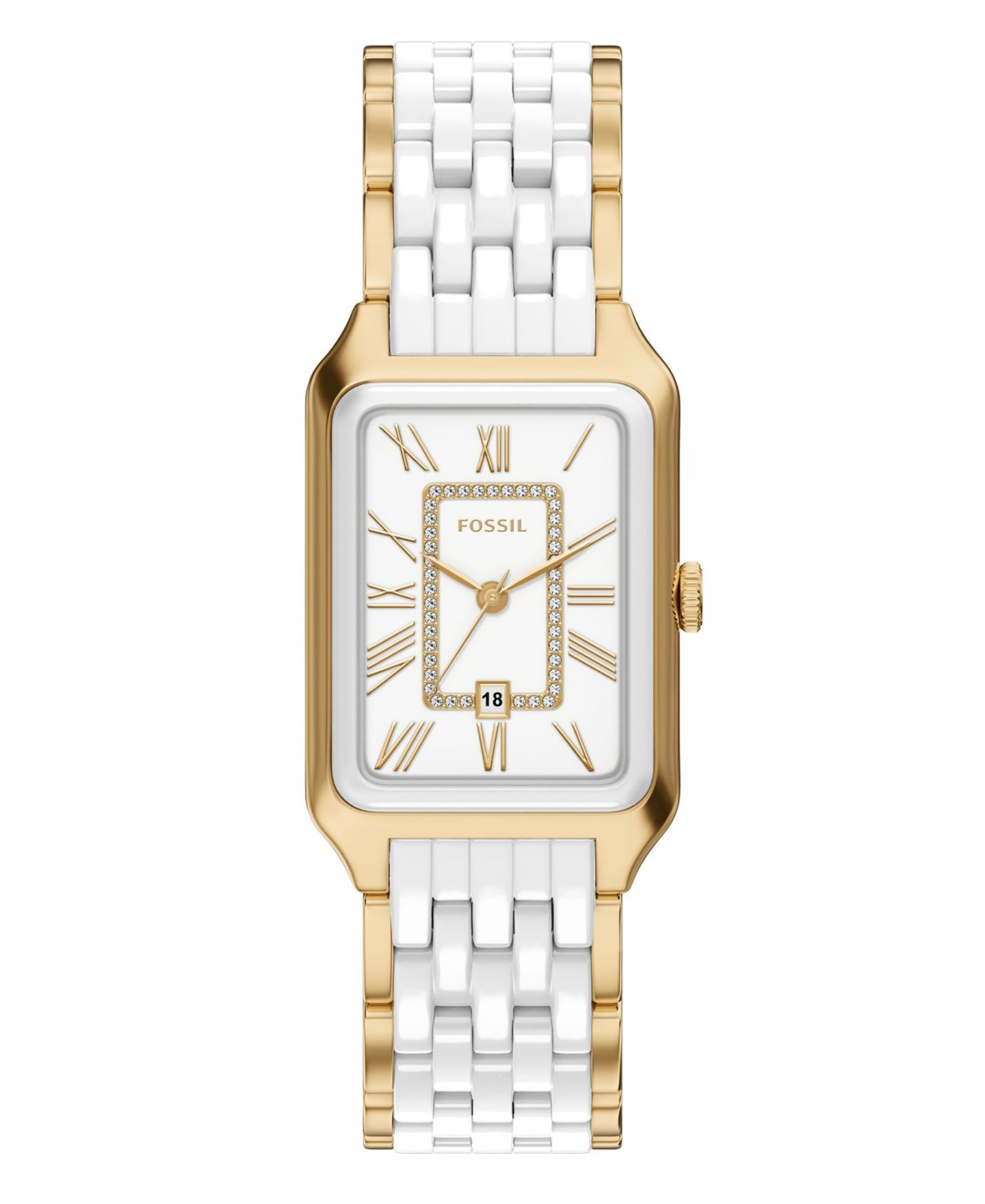 Женские часы Fossil Raquel Three-Hand Date Gold-Tone Stainless Steel White Ceramic 26mm — фото 1