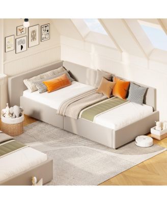 Twin Velvet Daybed with Extended Headboard, Guardrails, Upholstered Sofa Bed, Adjustable