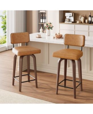Swivel Bar Stools Set of 2, 26 Inch Upholstered Counter Height Bar Stools with Back and Wood Legs