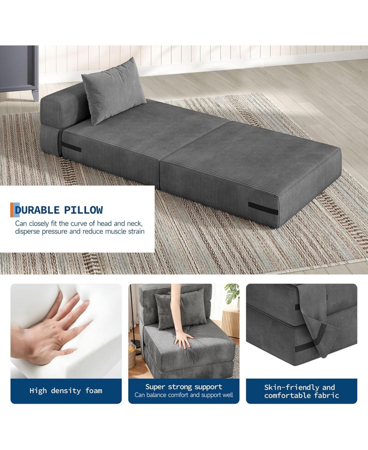 gaomon Folding Sofa Bed, 4-in-1 Convertible Sleeper Chair with Pillow, Single Futon Couch Bed with Back Support