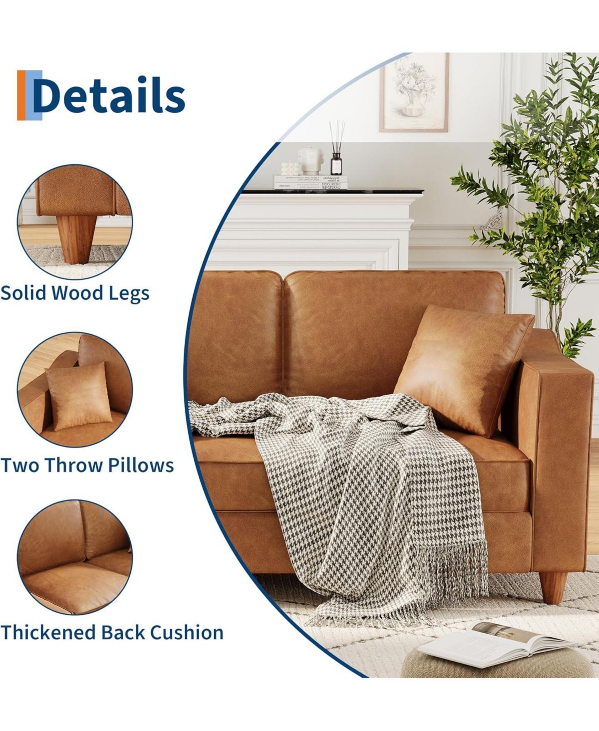 gaomon Faux Leather Sofa, 3-Seater Couch with Pillows