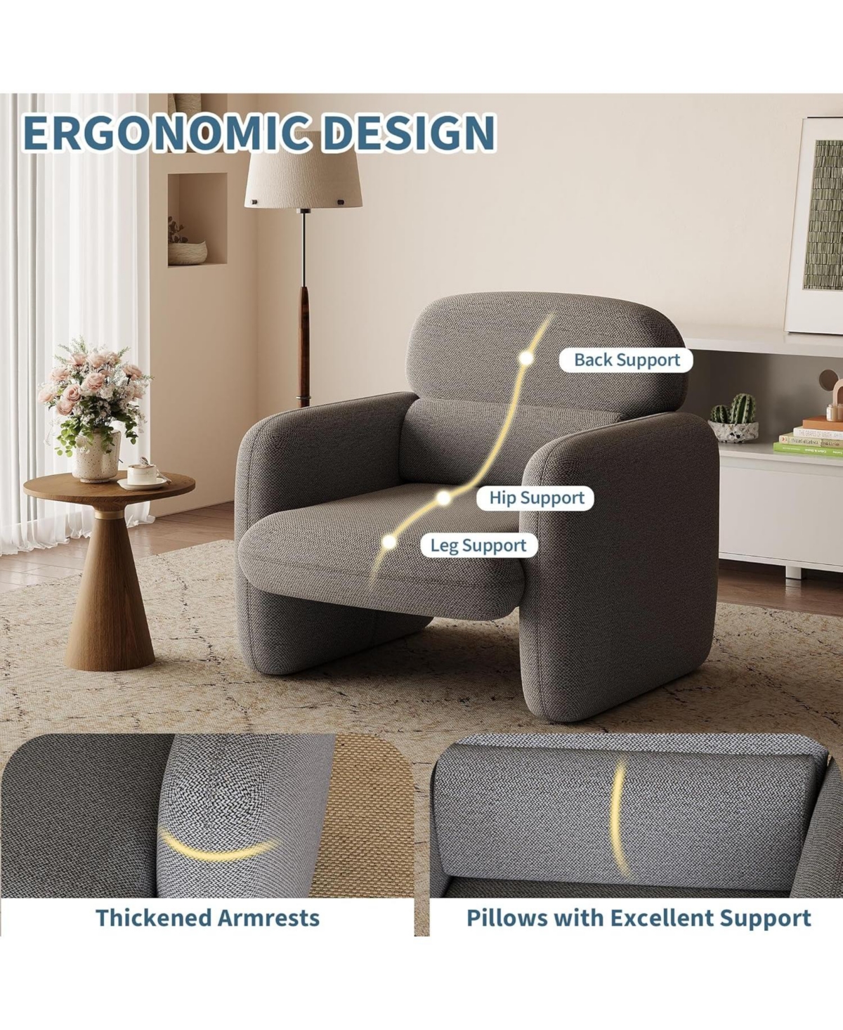 gaomon Modern Accent Chair, Wood Frame Sofa Chair, Comfortable Reading Armchair for Living Room, Bedroom, Apartment, Corner
