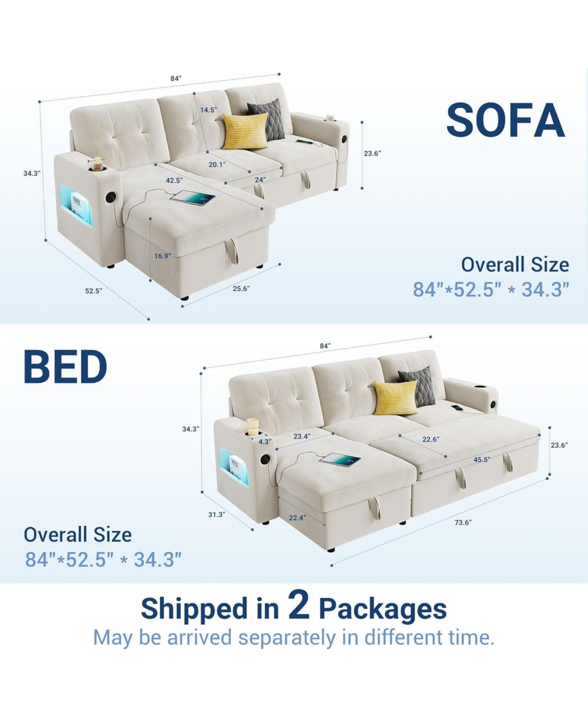 gaomon 84 Inch Sleeper Sofa Couch for Living Room, L-Shaped Sofa, Convertible Pull Out Sofa Bed with Storage, Charging Station, Led Lights