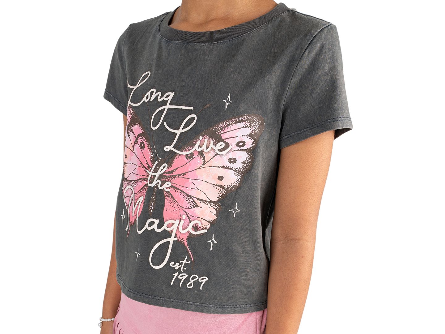 Комплекты Tween Diva Acid Wash Graphic T-Shirt, Faux Suede Fringe Skirt and Bracelet, 3-Piece Set для девочек, цвет: Угольный серый — фото 2