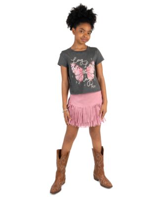 Girls' 7-12 Acid Wash Graphic T-Shirt, Faux Suede Fringe Skirt and Bracelet, 3-Piece Set
