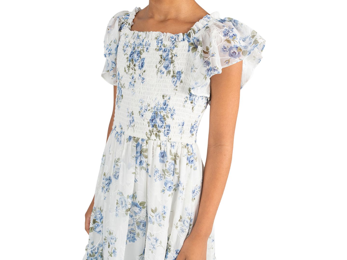 Платье Rare Editions Floral Print Chiffon Smocked Flutter Sleeve Midi Dress для девочек, цвет: Белый — фото 2