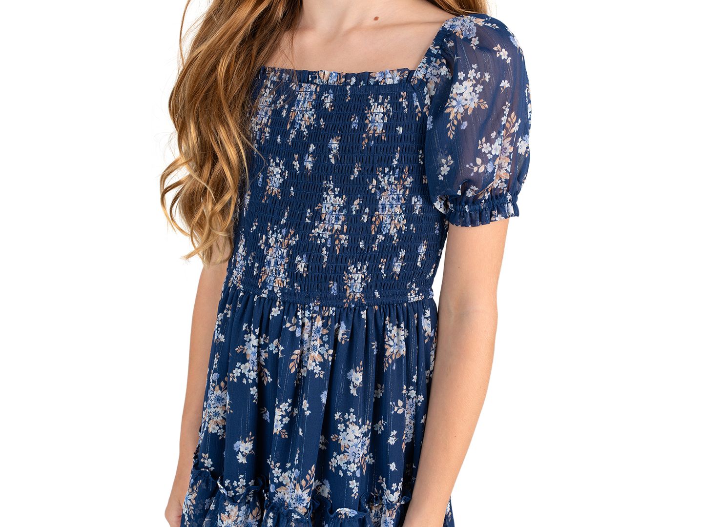 Платье Rare Editions Printed Lurex Chiffon Puff Sleeve Tiered Midi Dress для девочек, цвет: Тёмно-синий — фото 2