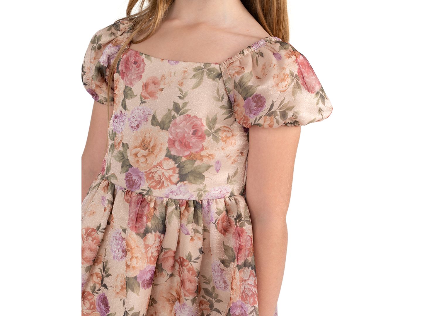 Платье Rare Editions Floral Print Shimmer Organza Puff Sleeve Dress для девочек, цвет: Серо-коричневый — фото 2