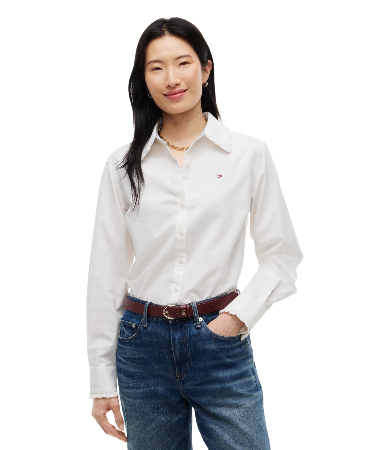 Tommy Hilfiger Women's Cropped Frill Detail Long-sleeve Shirt In Ecru